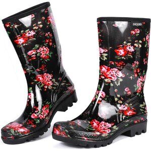 Women's Black Red Flower Lightweight Fashion Wide Calf Waterproof Rain Boots